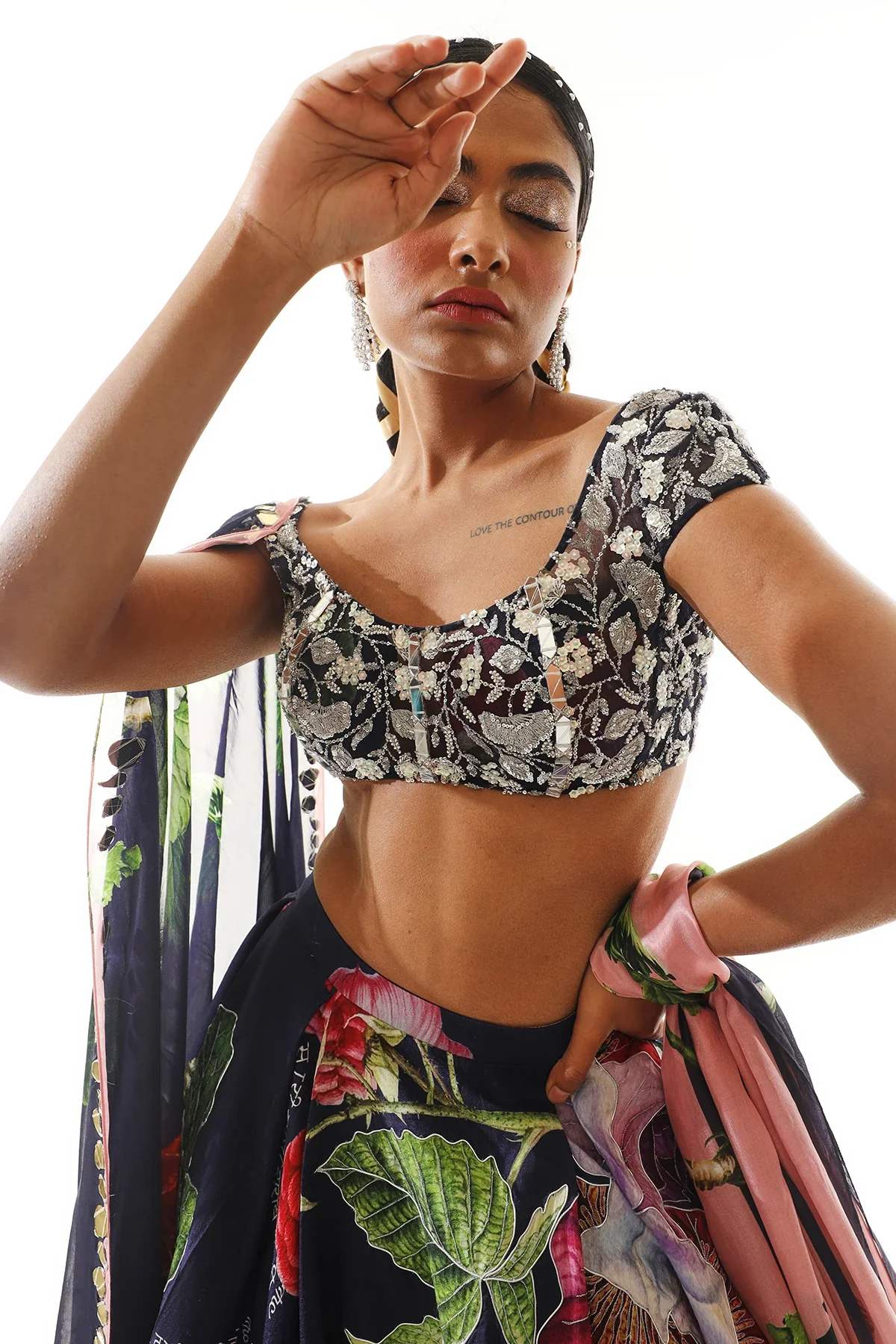 Embroidered Blouse With Printed Organza Satin Lehenga And Dupatta - Image 4