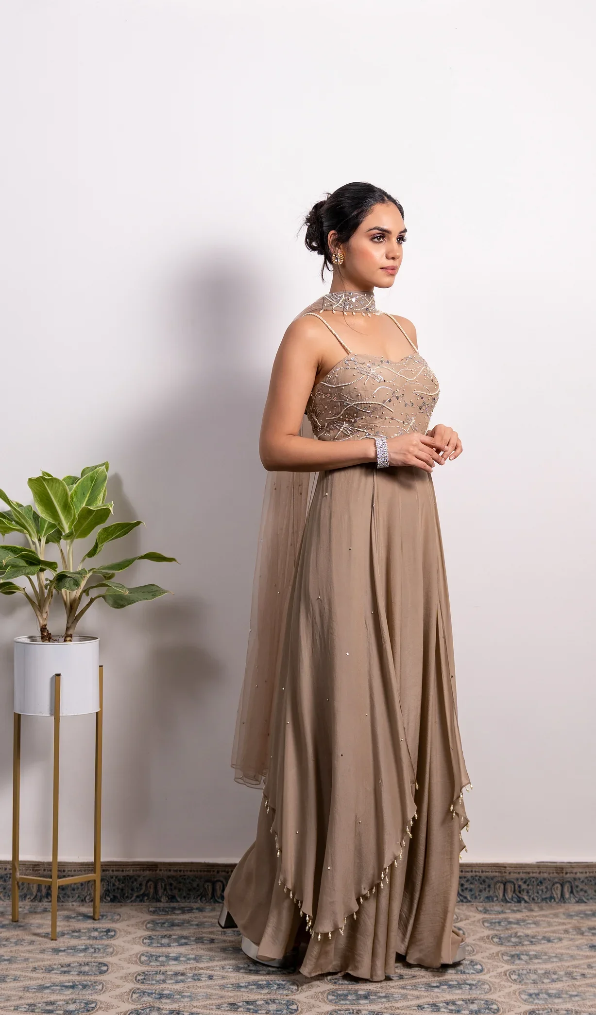 Embroidered Corset Anarkali With Side Drapes And Choker Dupatta - Image 3
