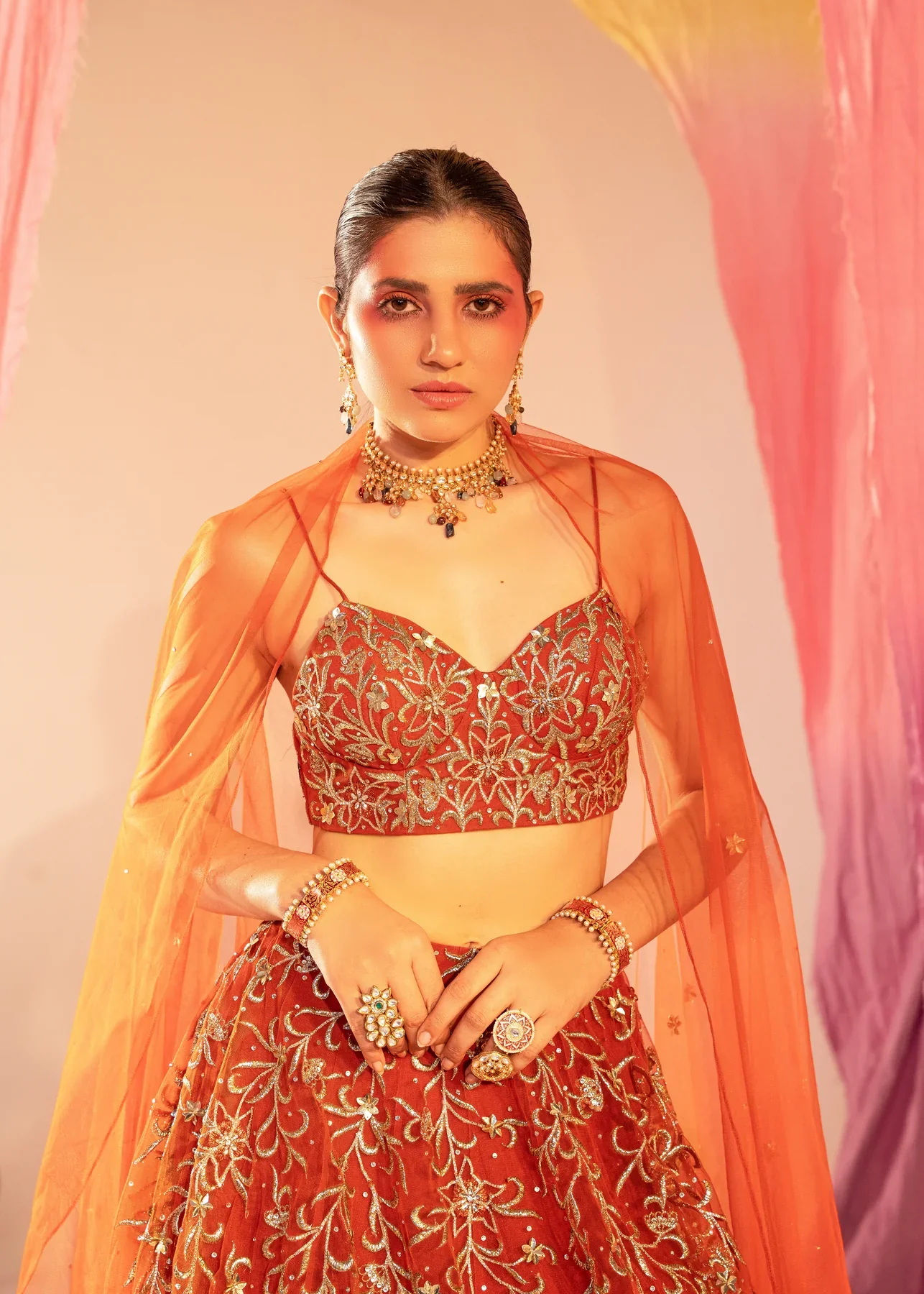 Embroidered V Hem Bustier Lehenga And Embroidered Dupatta Set - Image 4
