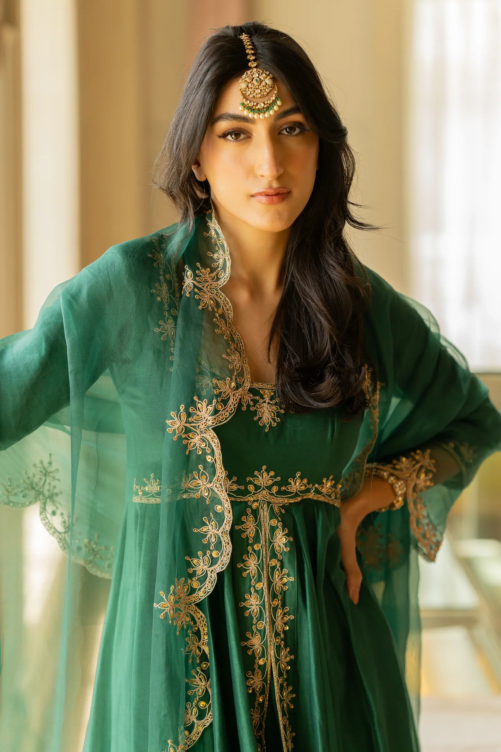 Emerald Green Chiniya Silk Anarkali Set - Image 2