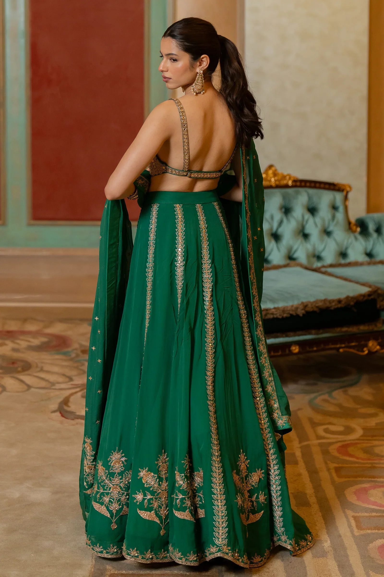 Emerald Green Hand Embroidered Lehenga - Image 3