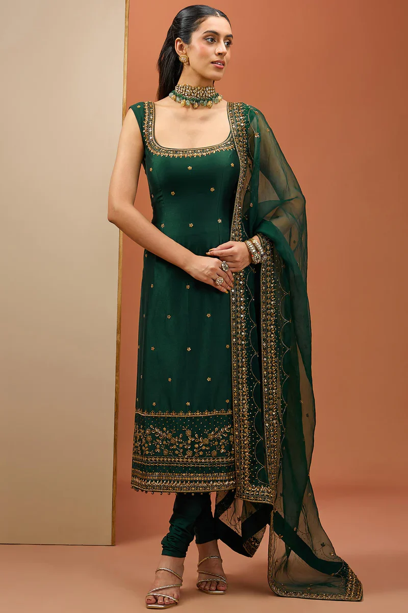Emerald Green Long Kurta Set - Image 3