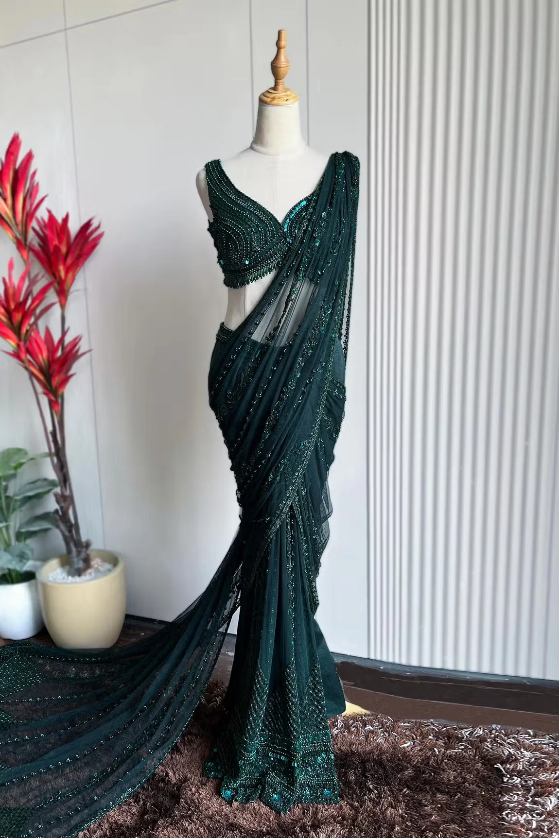 Emerald Green Net Embroidered Saree With Blouse