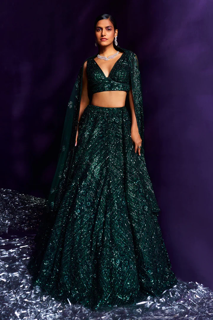 Emerald Green Net Lehenga Set