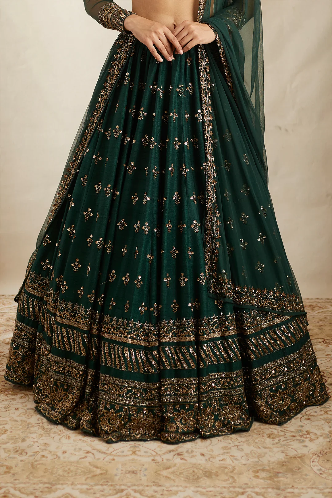 Emerald Green Raw Silk Lehenga Set - Image 3