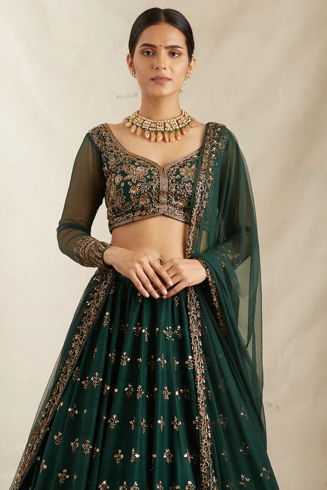 Emerald Green Raw Silk Lehenga Set - Image 4