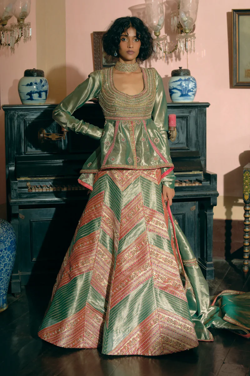 Emerald Green Silk Zari Tissue Peplum Top With Skirt and Dupatta Set
