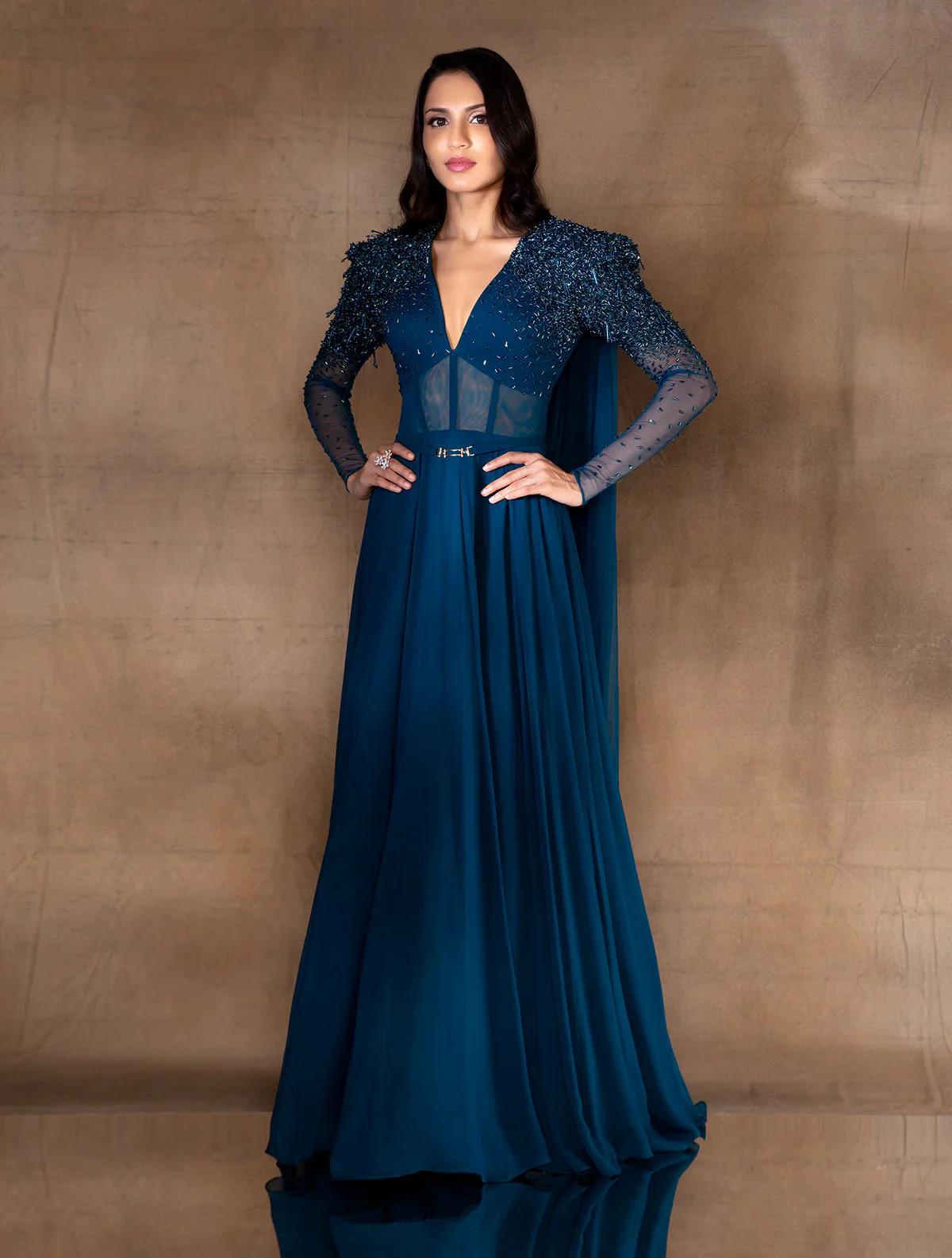 ENARA - Deep Turquoise Blue Flowy Georgette Gow
