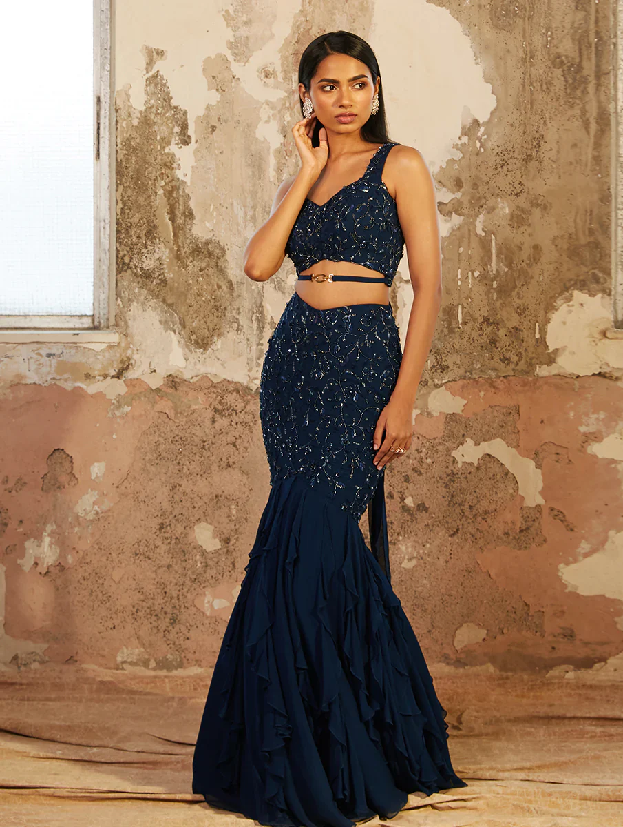EZRA - Blue Self Embellished Floral Crop Skirt - Image 4