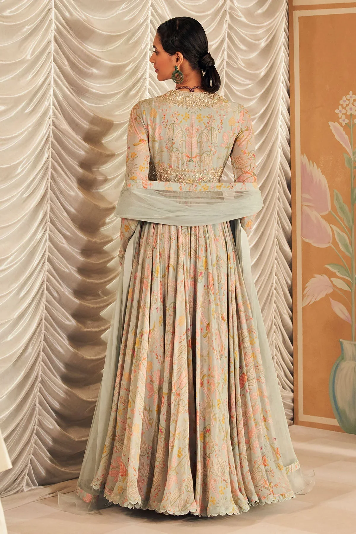 Fankaar - Powder Blue Chiffon Embroidered Long Anarkali With Net Dupatta - Image 2