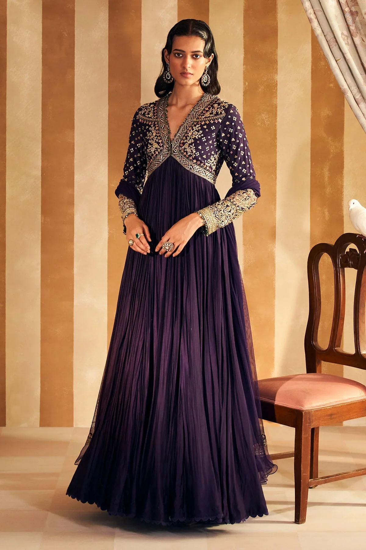 Fanon - Purple Fine Silk Embroidered Long Anarkali