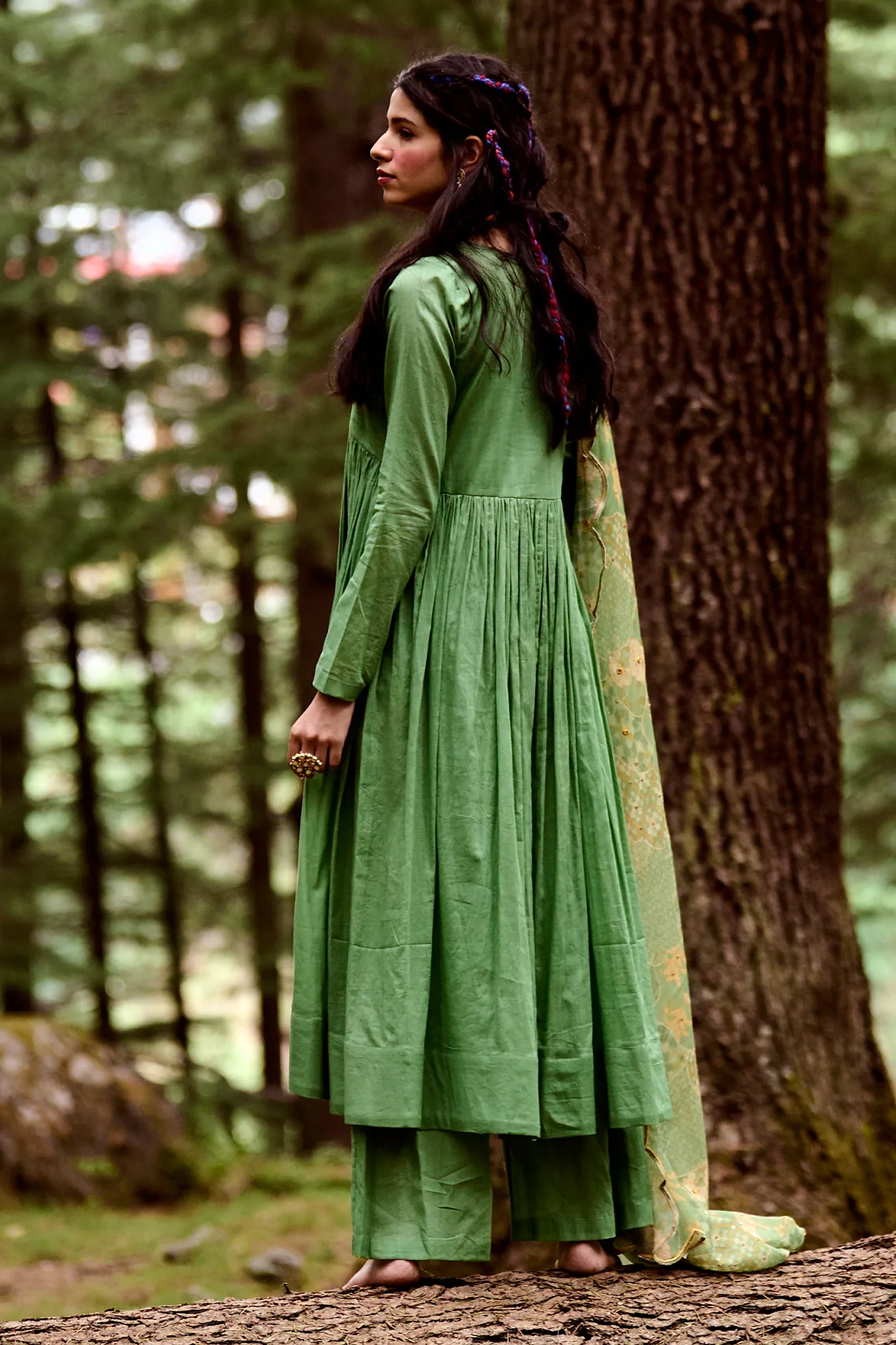 Fern Green V–Cut Cotton Mul Anarkali Set - Image 2