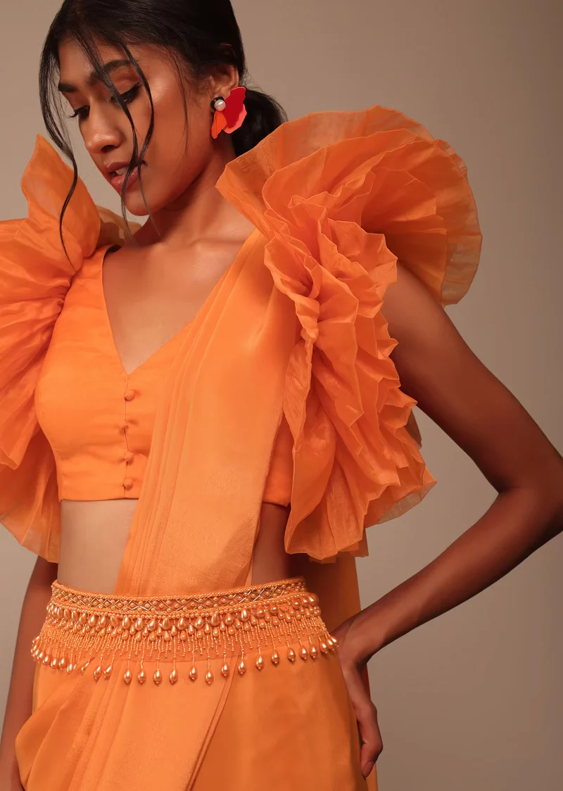 Fire Orange Crepe Indo-western Saree With Pearl Embroidered Belt - Image 2