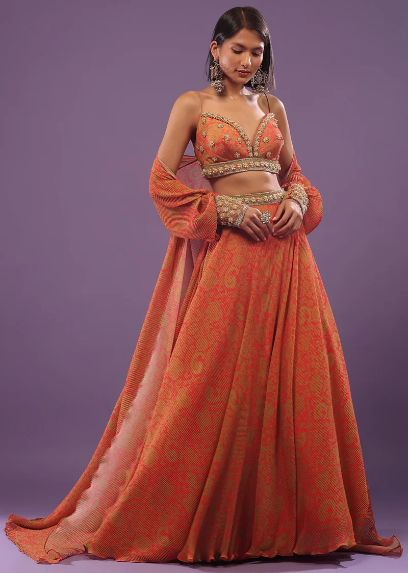Fire Orange Printed Lehenga With Embroidered Blouse