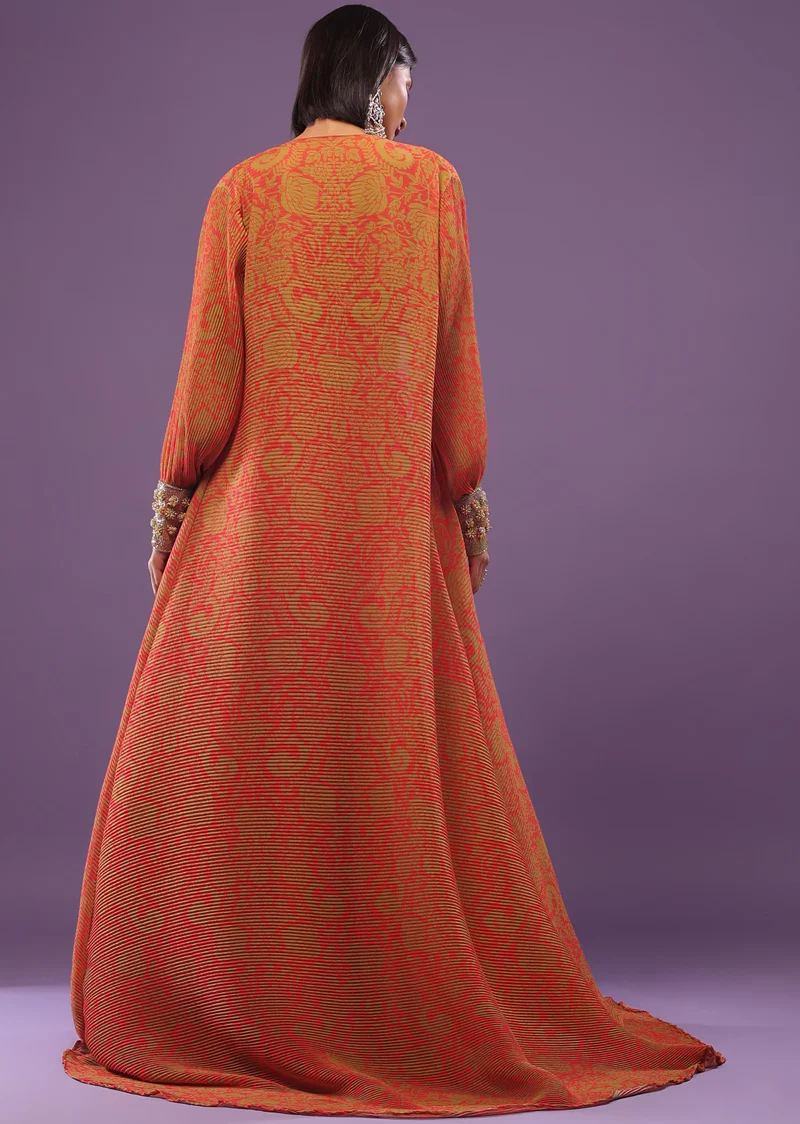 Fire Orange Printed Lehenga With Embroidered Blouse - Image 3