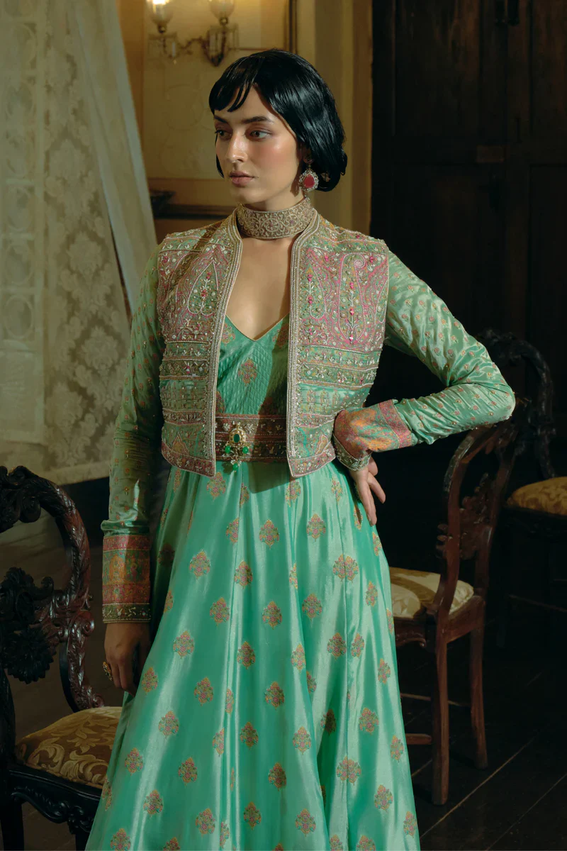 Firozi Green Jacquard Banarsi Anarkali With Cropped Jacket Set - Image 2