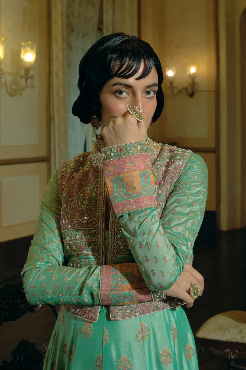 Firozi Green Jacquard Banarsi Anarkali With Cropped Jacket Set - Image 3