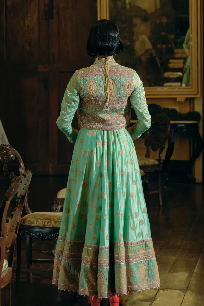 Firozi Green Jacquard Banarsi Anarkali With Cropped Jacket Set - Image 4