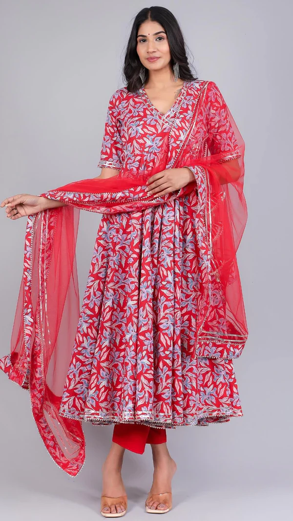 Fiza Red Cotton Anarkali Set