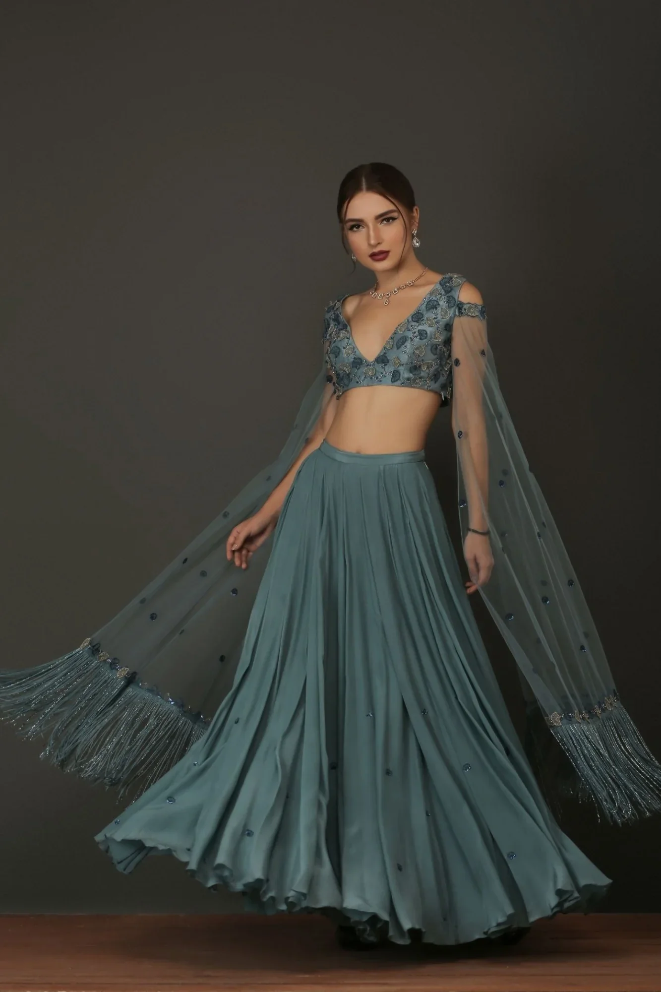Floor Length Fringe Sleeve Blouse And Lehenga Set - Image 2