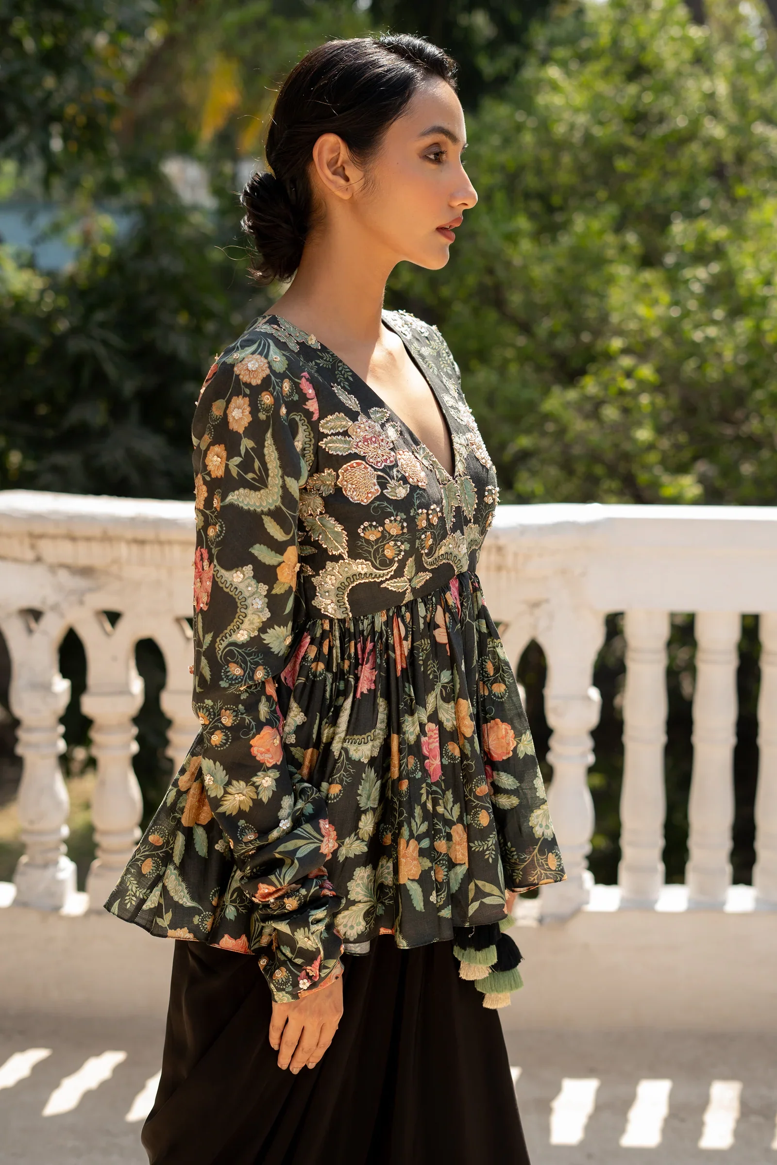 Floral Print Embroidered Peplum Pre-Draped Skirt - Image 2