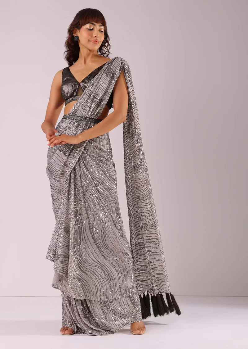 Fog Grey Ready-To-Wear Sequins Saree With Lycra Blouse And Embroidered Belt