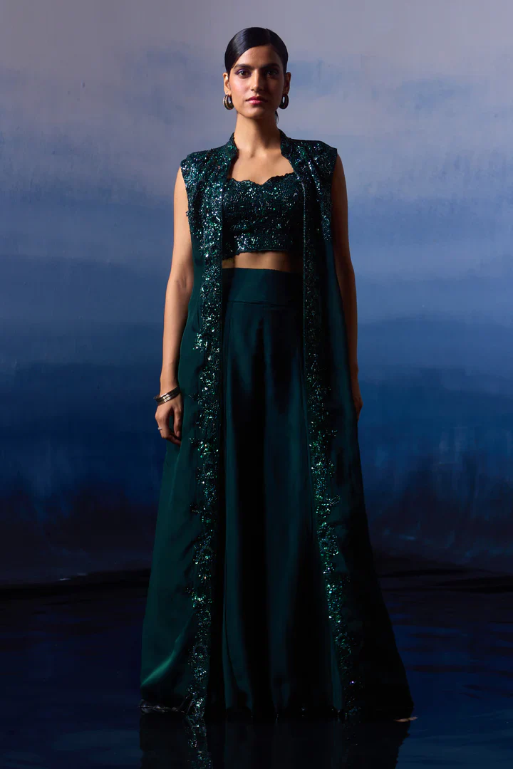 Forest Green Organza Jacket Set