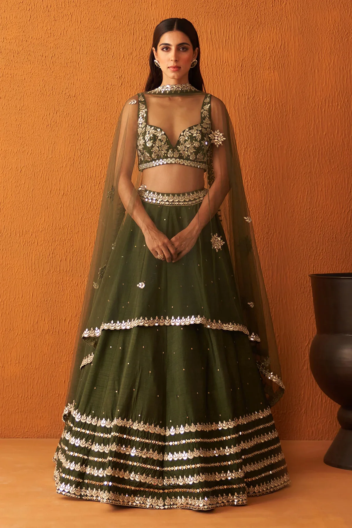 Forest Green Raw Silk Lehnga Set