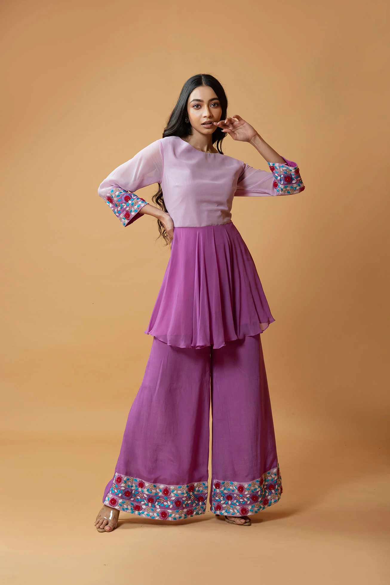 French Pink Machine & Hand Embroidered Sharara Set