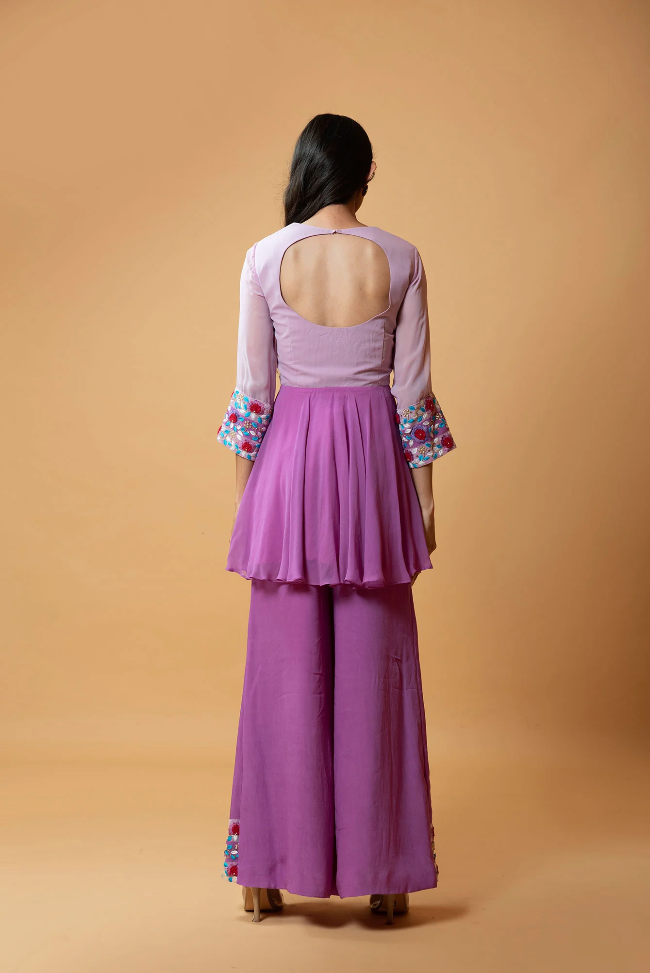 French Pink Machine & Hand Embroidered Sharara Set - Image 2