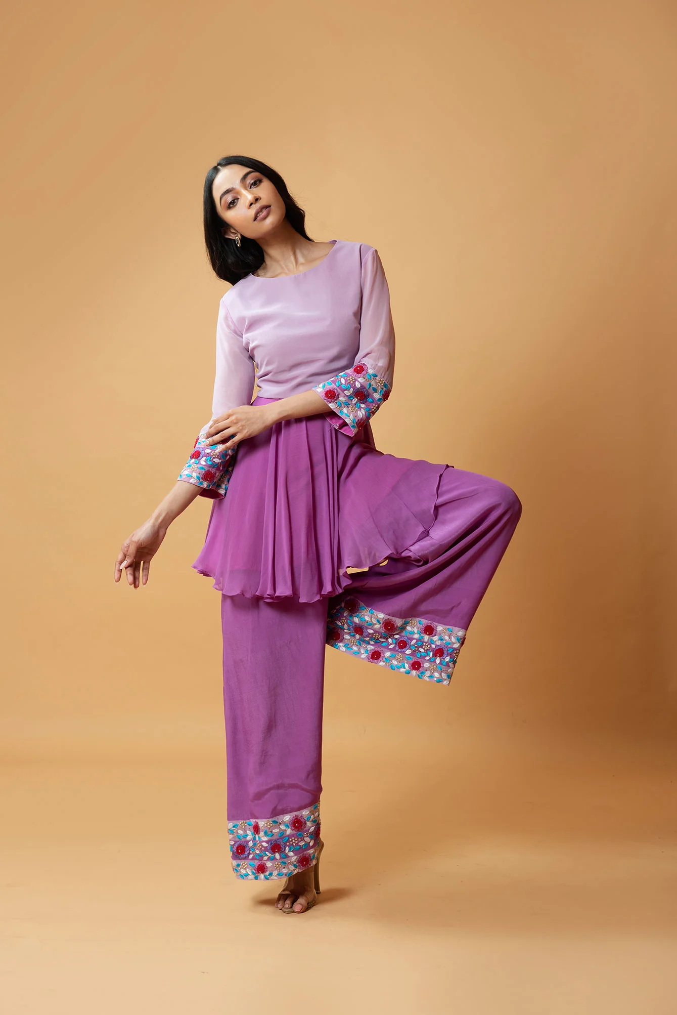 French Pink Machine & Hand Embroidered Sharara Set - Image 3