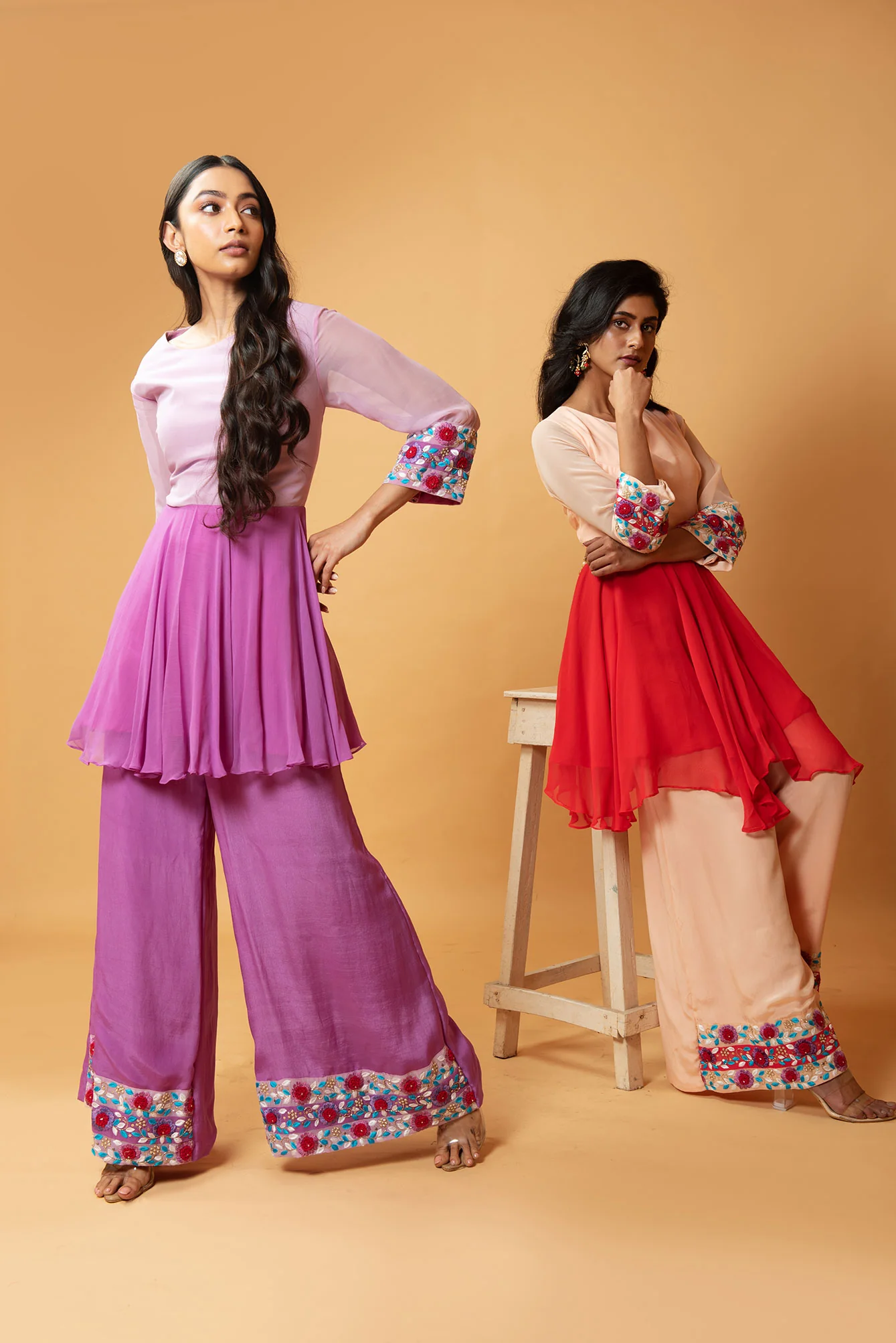 French Pink Machine & Hand Embroidered Sharara Set - Image 4