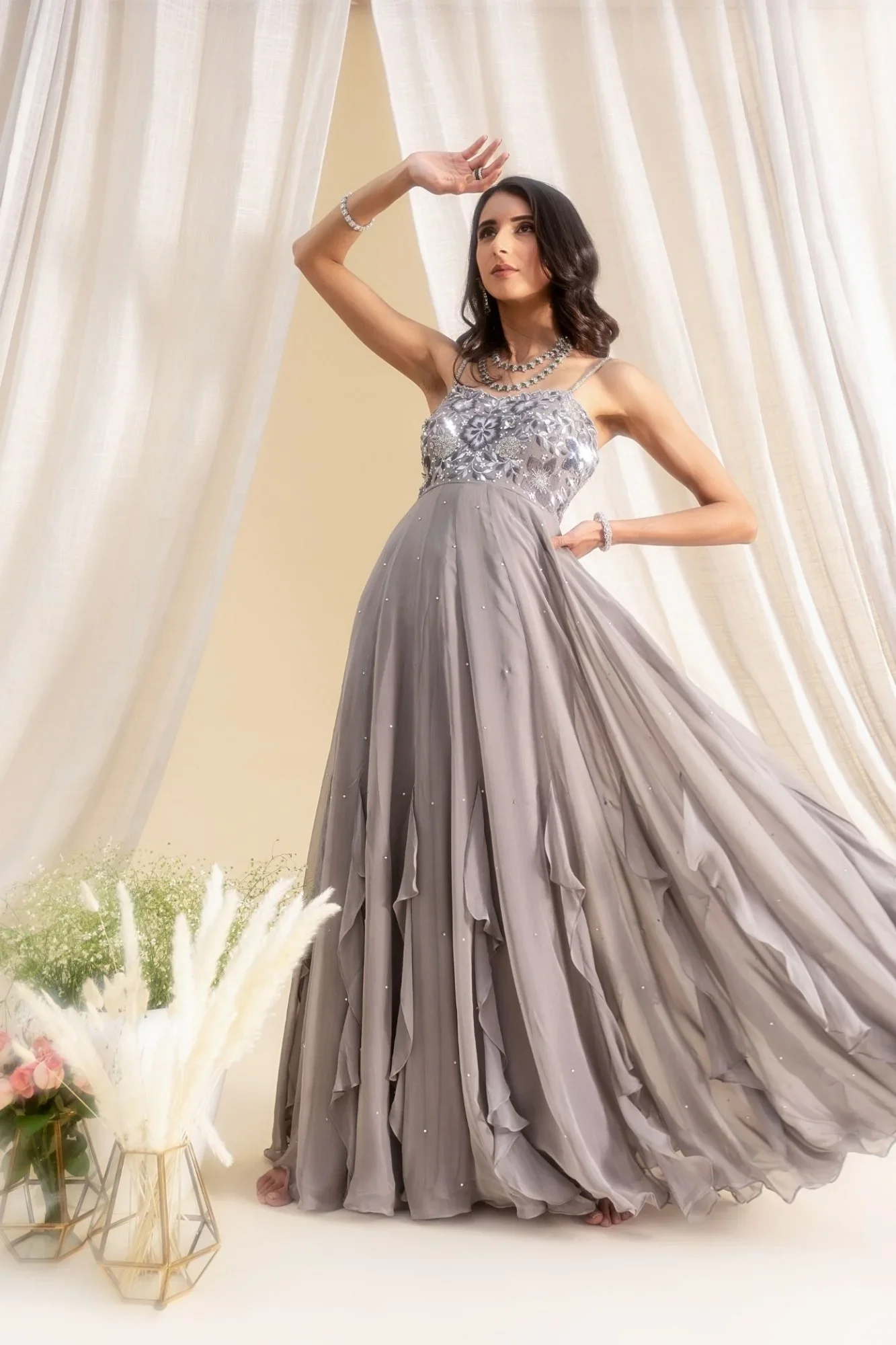 Frill Panelled Floral Anarkali And Dupatta - Image 3