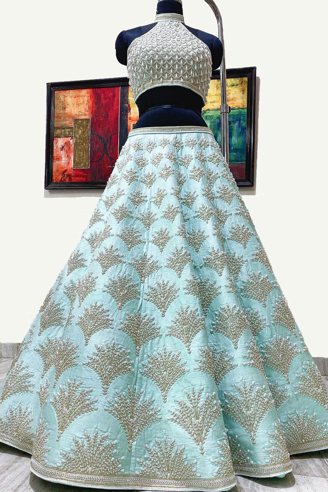 Frosty Mint Raw Silk Embroidered Lehenga Set - Image 2