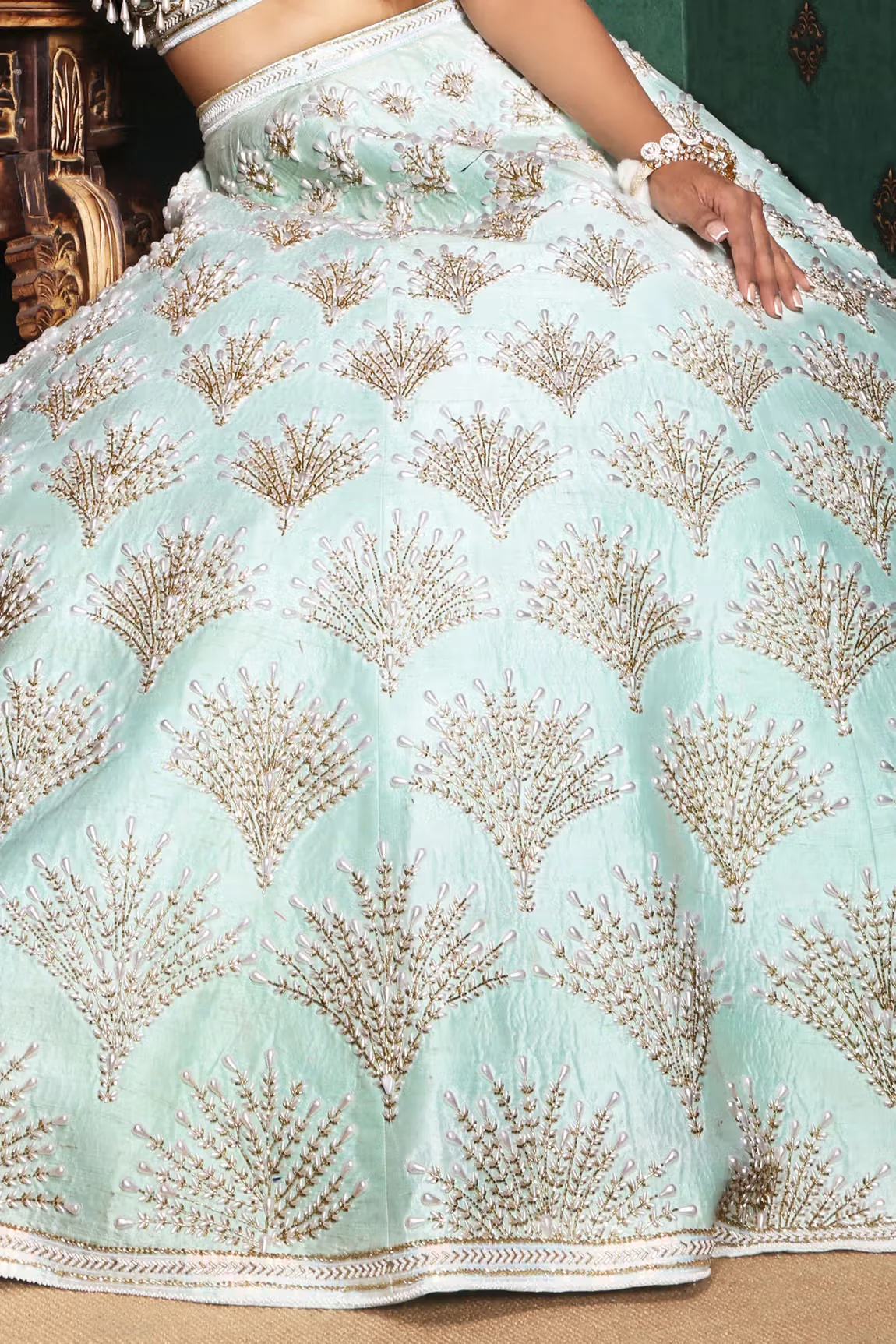 Frosty Mint Raw Silk Embroidered Lehenga Set - Image 4