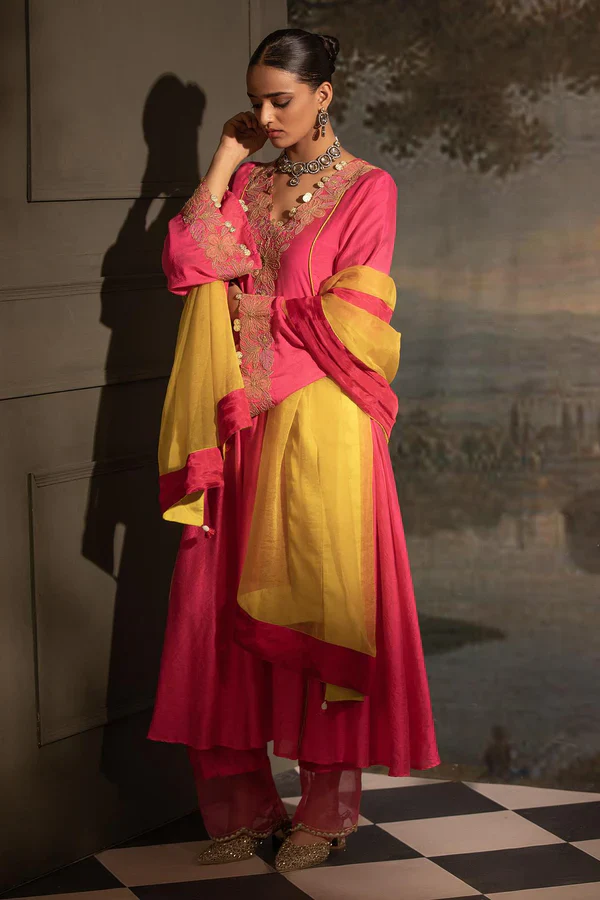Fuchsia Chanderi Silk Neckline Embroidered Anarkali Set - Image 2