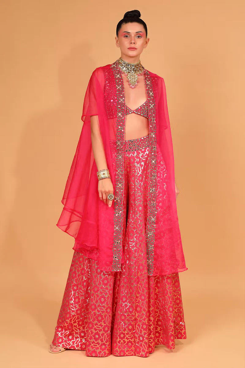 Fuchsia Cotton Shantoon Banarasi Chanderi Sharara Set With Cape - Image 5