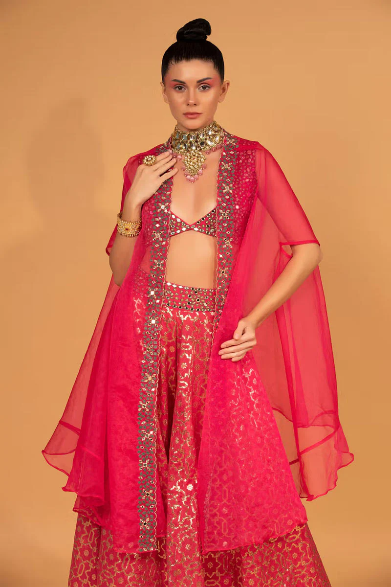 Fuchsia Cotton Shantoon Banarasi Chanderi Sharara Set With Cape - Image 6