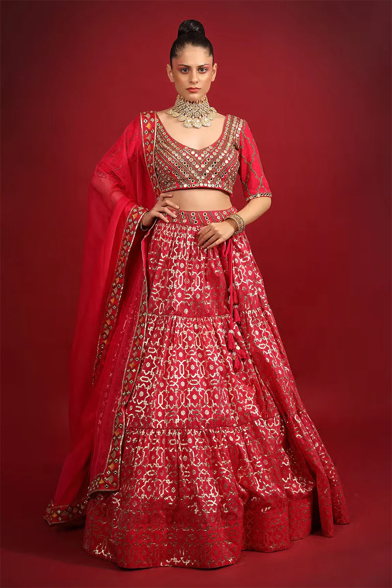 Fuchsia Cotton Shantoon Banarasi Chanderi Tiered Lehenga Set