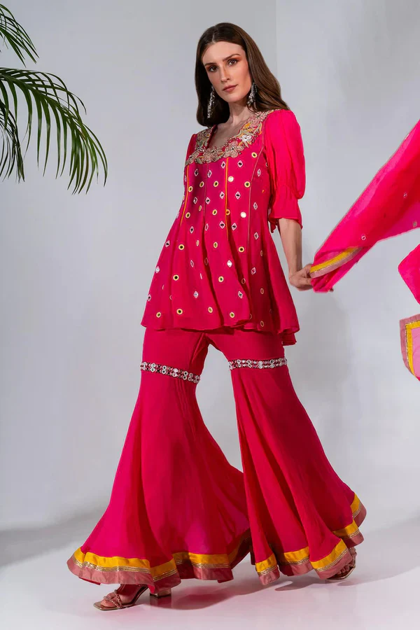 Fuchsia Embroidered Kurta And Gharara Set - Image 3