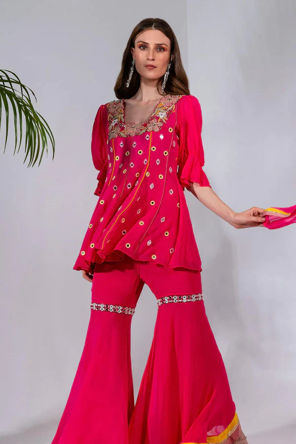 Fuchsia Embroidered Kurta And Gharara Set - Image 4