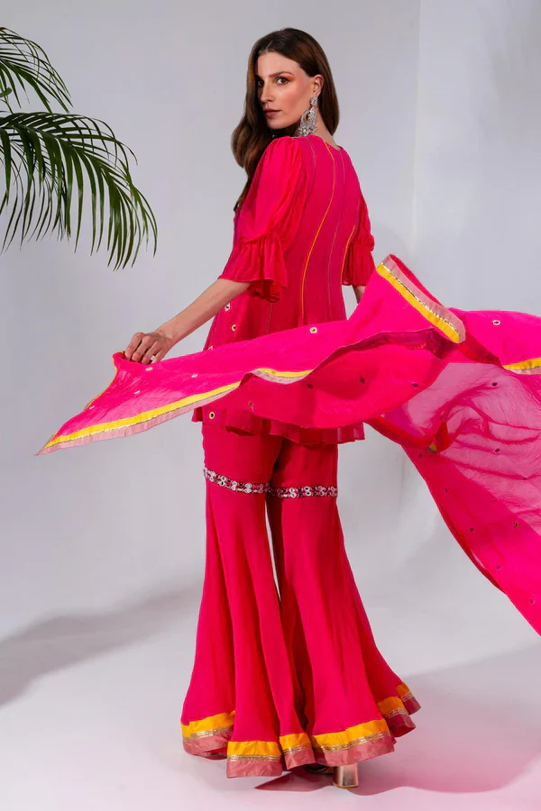 Fuchsia Embroidered Kurta And Gharara Set - Image 5