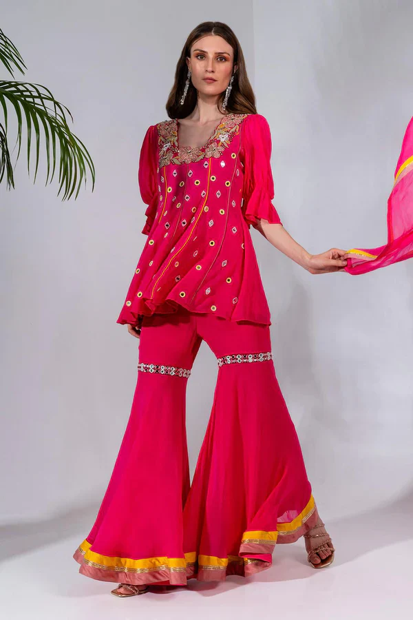 Fuchsia Embroidered Kurta And Gharara Set - Image 6
