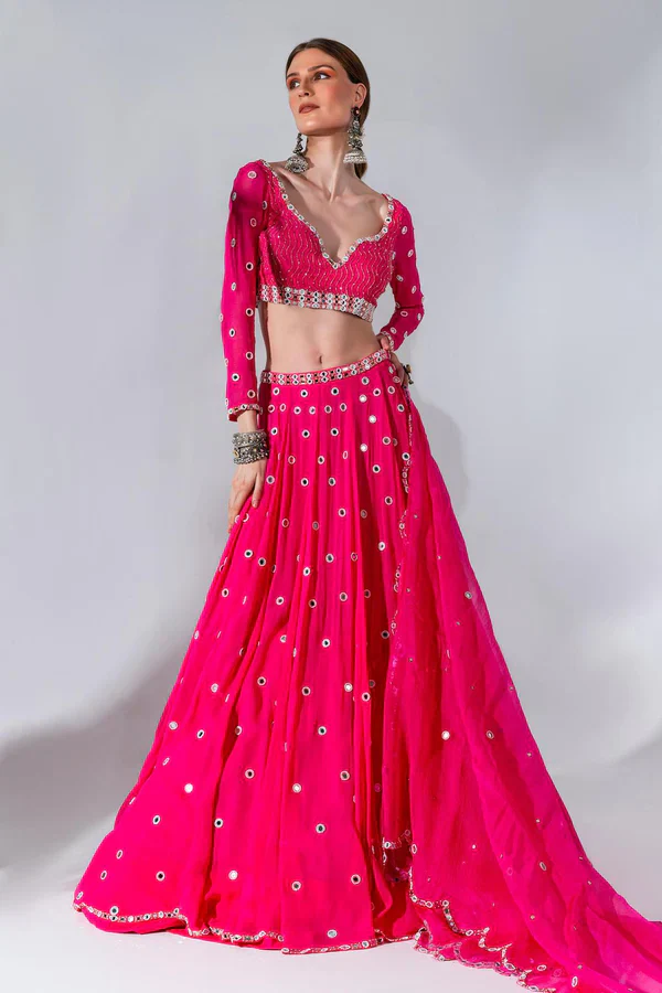 Fuchsia Georgette Mirror Embroidered Lehenga Set - Image 2