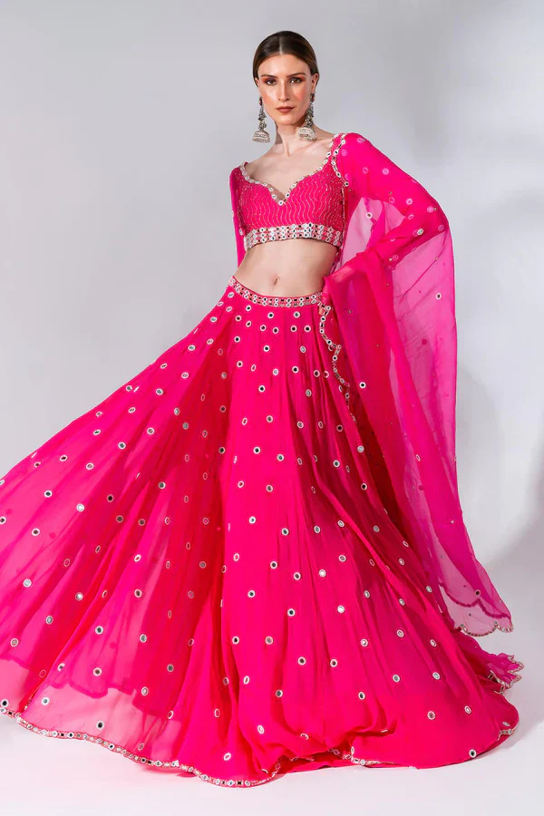 Fuchsia Georgette Mirror Embroidered Lehenga Set - Image 3