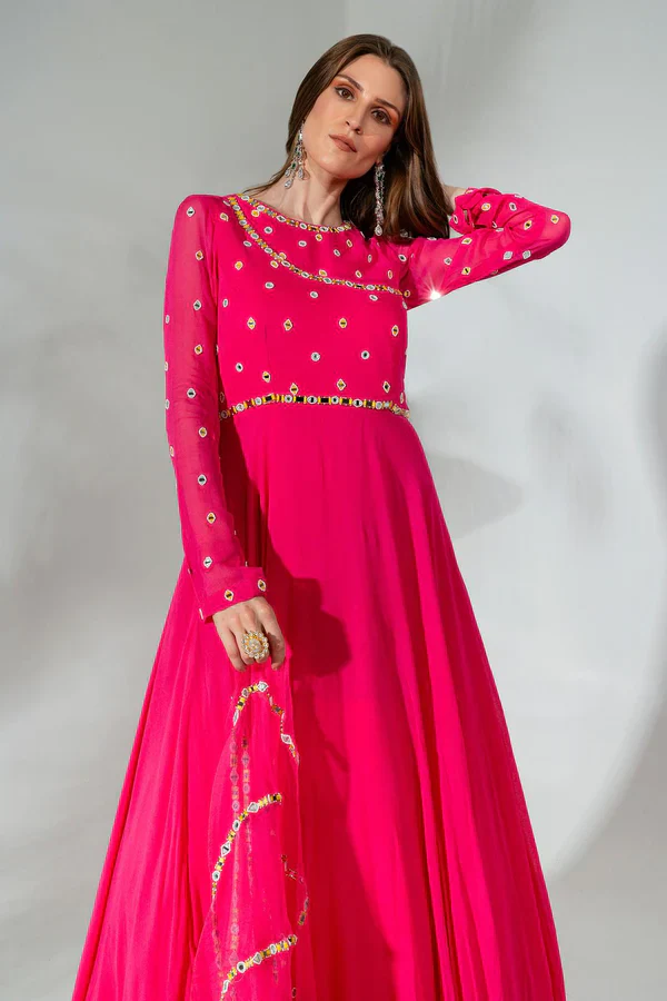 Fuchsia Georgette Mirrorwork Embellished Anarkali With Dupatta - Image 3