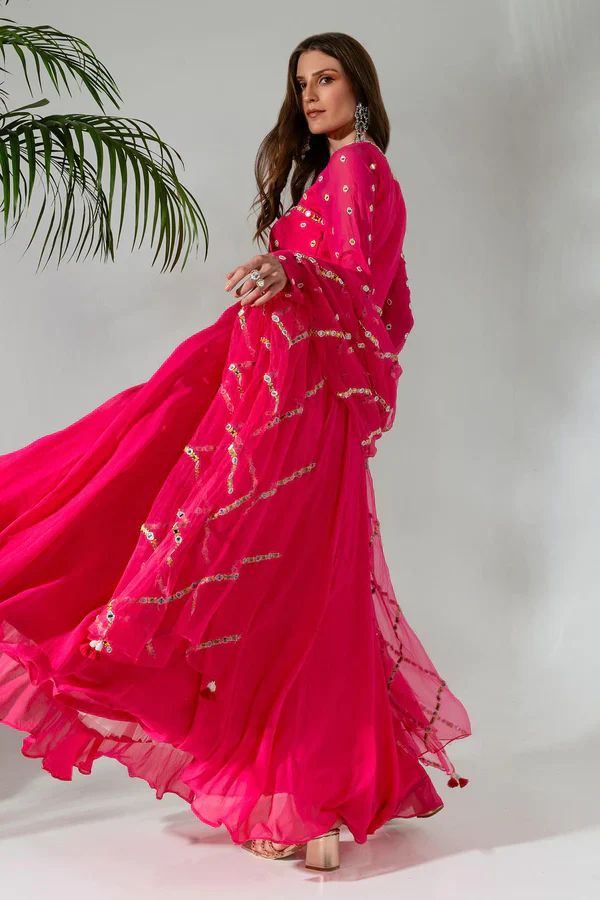 Fuchsia Georgette Mirrorwork Embellished Anarkali With Dupatta - Image 4