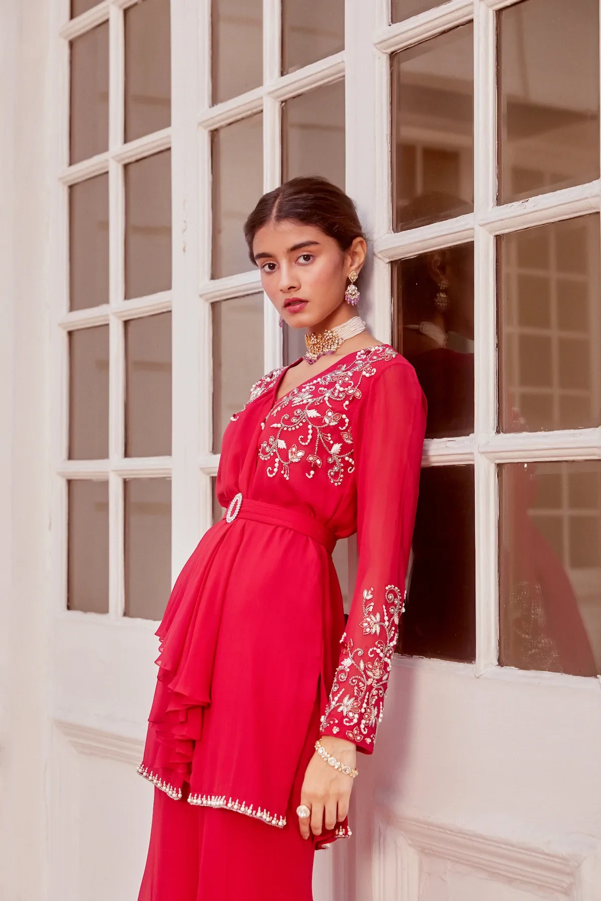 Fuchsia Kurta With Flared Palazzo - Image 5
