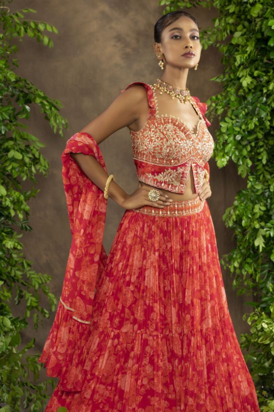 Fuchsia Orange Floral Printed Peplum Blouse And Lehnga - Image 2