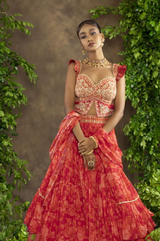 Fuchsia Orange Floral Printed Peplum Blouse And Lehnga - Image 3